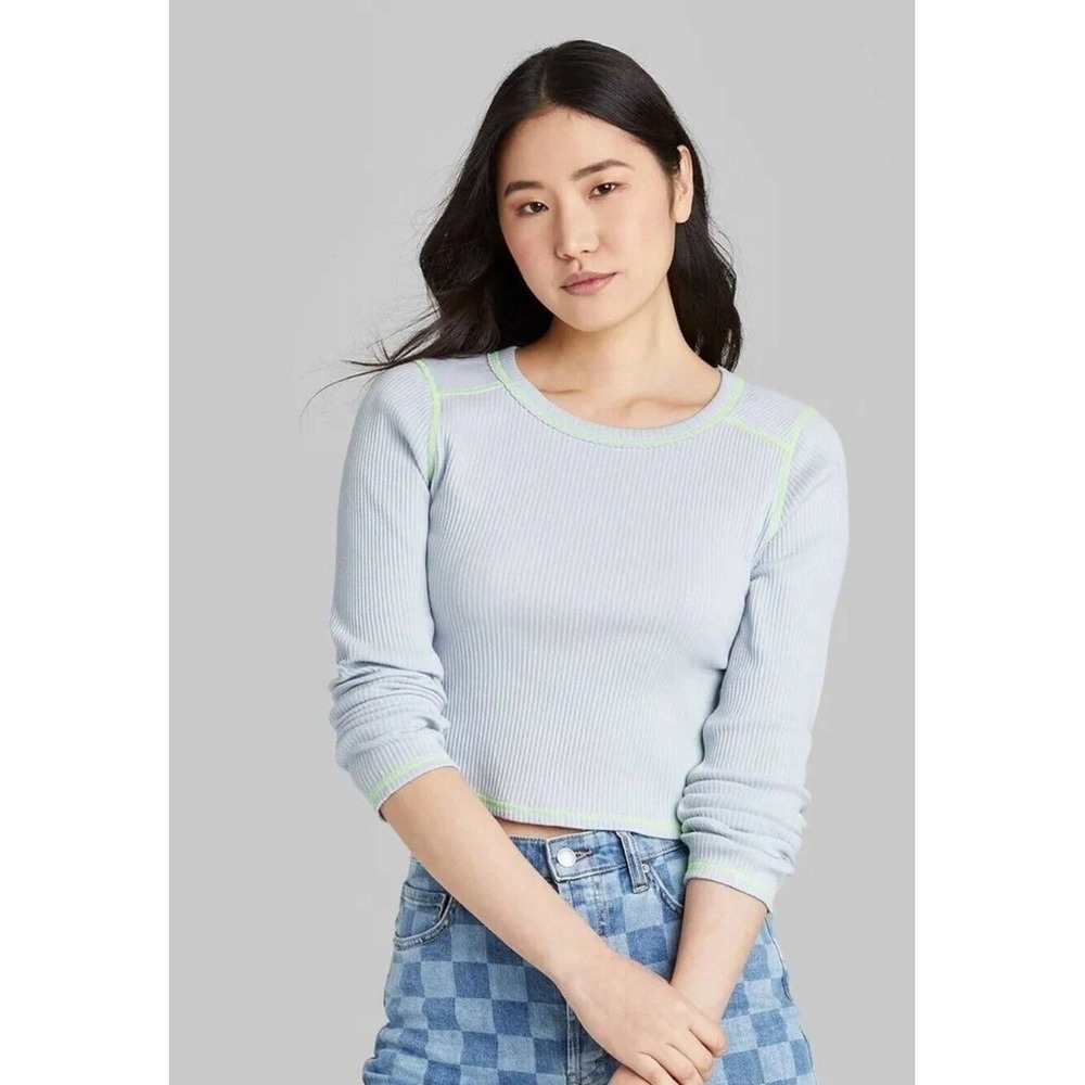 Wild Fable Womens Ribbed Long Sleeve Crop Top Light Blue Neon Stitch Size L NWT